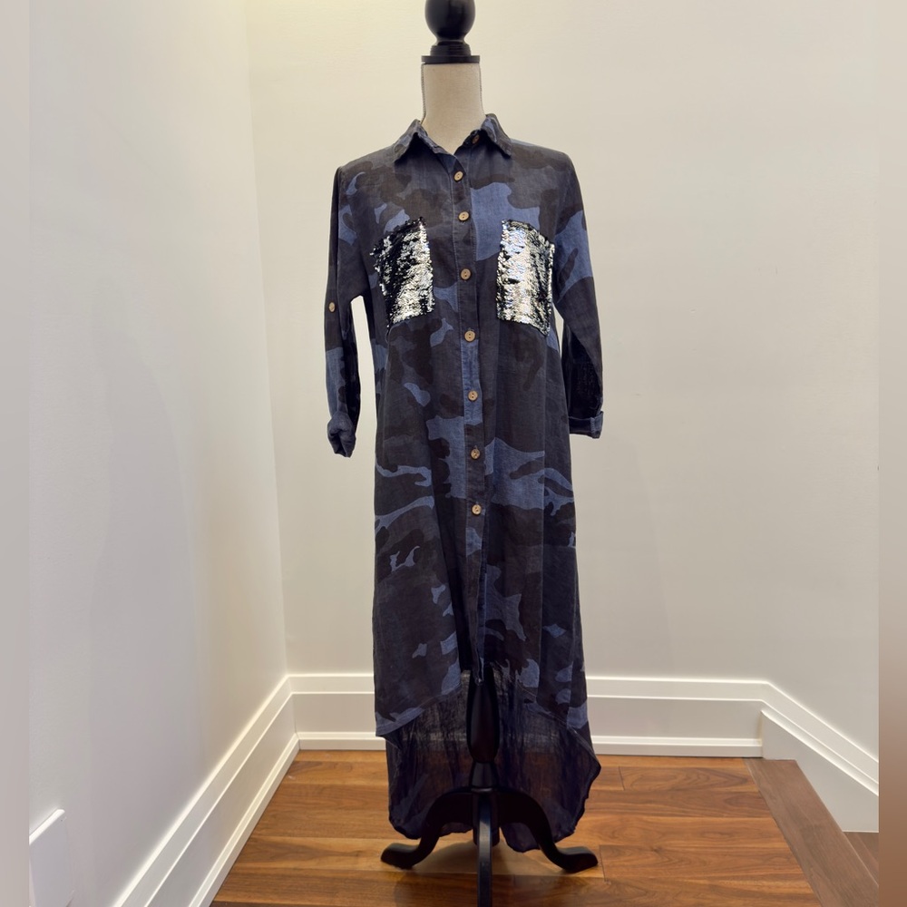 VENTI6 Blue and Black Long Sleeve Camouflage Dress with Sequin Pockets-BNWT